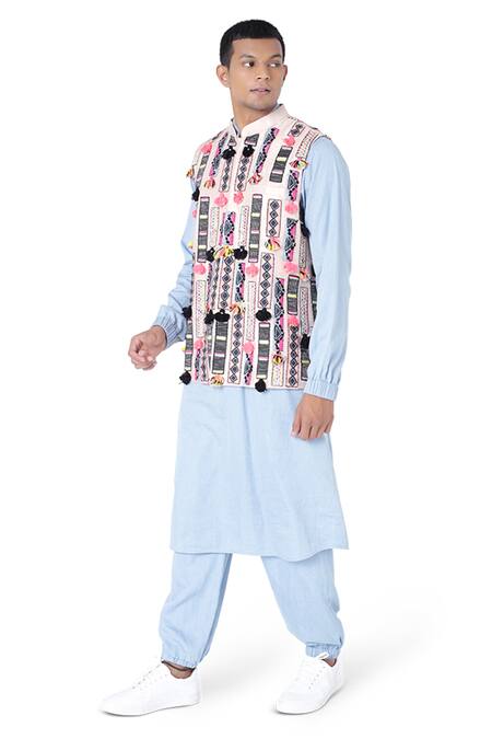 PS Men By Payal Singhal_Beige Dupion Silk Embroidered Geometric Bundi And Denim Kurta Set _Online_at_Aza_Fashions