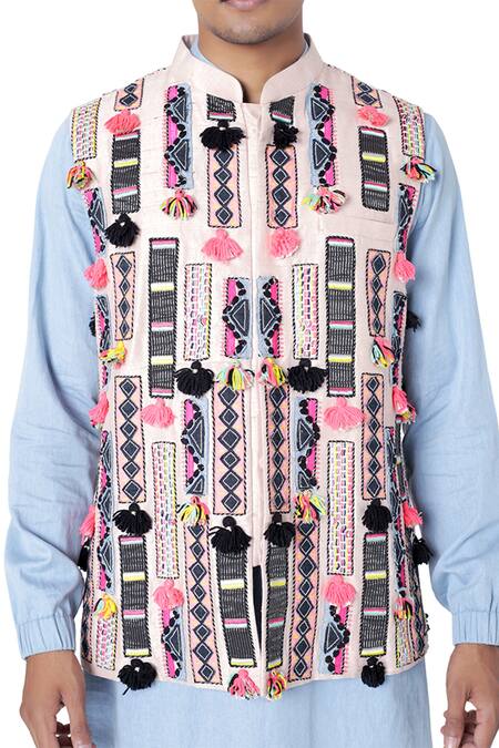Buy_PS Men By Payal Singhal_Beige Dupion Silk Embroidered Geometric Bundi And Denim Kurta Set _Online_at_Aza_Fashions
