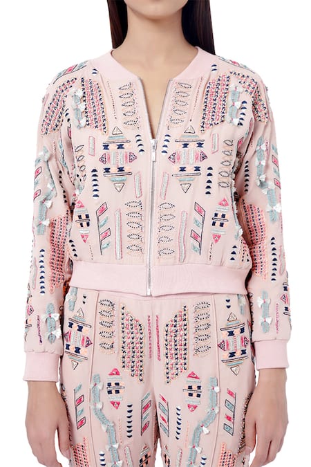 Shop Payal Singhal Pink Georgette Embroidery Thread Round Mirah Jacket Pant Set Online at Aza Fashions Shop_Payal Singhal_Pink Georgette Embroidery Thread Round Mirah Jacket Pant Set _Online_at_Aza_Fashions