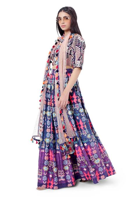 Payal Singhal_Purple Dupion Silk Abstract Print And Thread Round Najya Lehenga Set _Online_at_Aza_Fashions