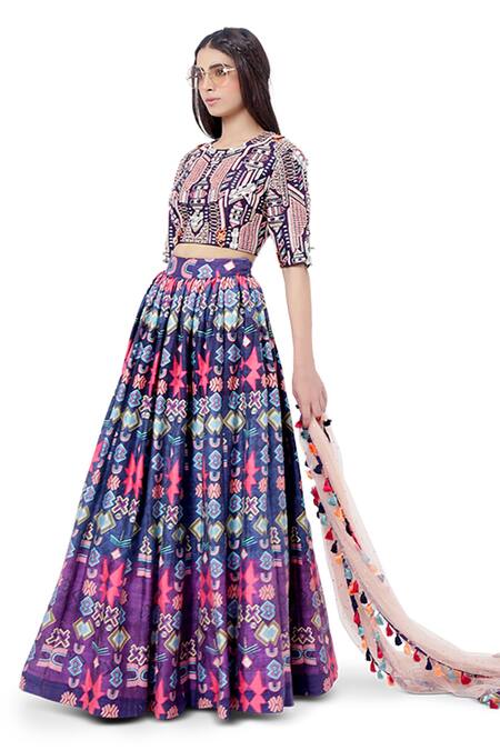 Buy_Payal Singhal_Purple Dupion Silk Abstract Print And Thread Round Najya Lehenga Set _Online_at_Aza_Fashions
