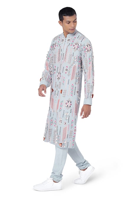 PS Men By Payal Singhal_Blue Georgette Embroidered Geometric Kurta Set _Online_at_Aza_Fashions