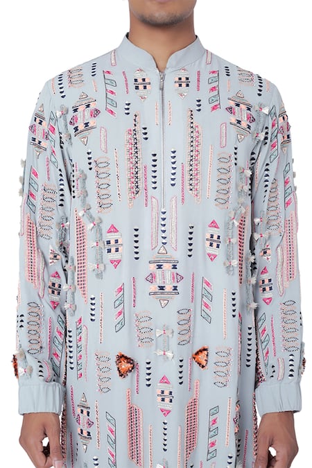 Buy_PS Men By Payal Singhal_Blue Georgette Embroidered Geometric Kurta Set _Online_at_Aza_Fashions