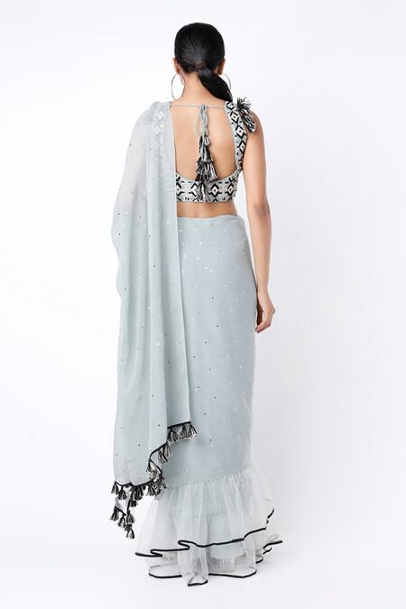 Shop Payal Singhal Blue Net Embroidered Mukaish Work U Neck Frill Saree With Choli Set at Aza Fashions Shop_Payal Singhal_Blue Net Embroidered Mukaish Work U Neck Frill Saree With Choli Set_at_Aza_Fashions