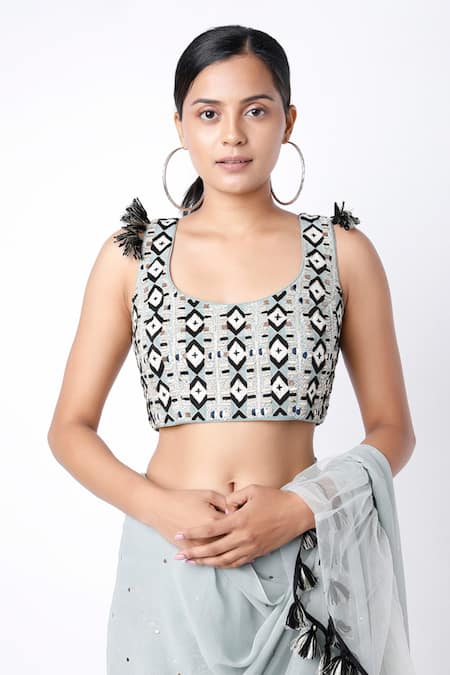 Payal Singhal Blue Net Embroidered Mukaish Work U Neck Frill Saree With Choli Set Online at Aza Fashions Payal Singhal_Blue Net Embroidered Mukaish Work U Neck Frill Saree With Choli Set_Online_at_Aza_Fashions