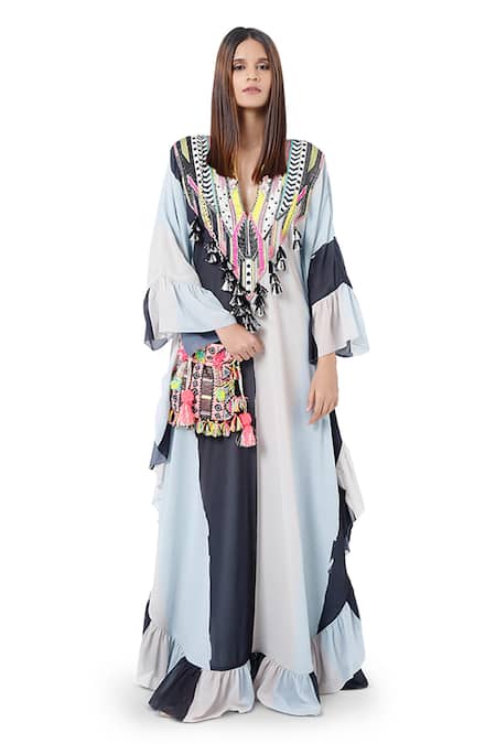 PS Pret By Payal Singhal Blue Art Georgette Thread Notched Saba Embroidered Kaftan 