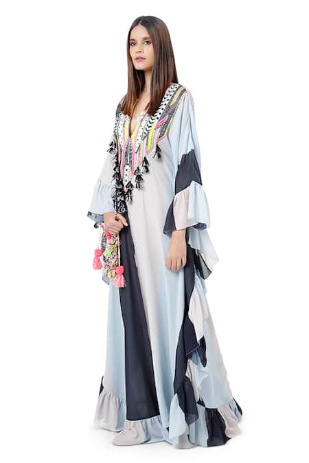 PS Pret By Payal Singhal Blue Art Georgette Thread Notched Saba Embroidered Kaftan Online at Aza Fashions PS Pret By Payal Singhal_Blue Art Georgette Thread Notched Saba Embroidered Kaftan _Online_at_Aza_Fashions