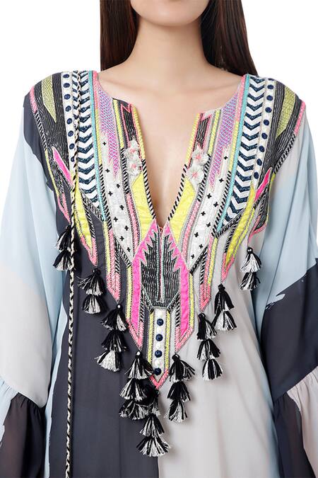 Shop PS Pret By Payal Singhal Blue Art Georgette Thread Notched Saba Embroidered Kaftan Online at Aza Fashions Shop_PS Pret By Payal Singhal_Blue Art Georgette Thread Notched Saba Embroidered Kaftan _Online_at_Aza_Fashions