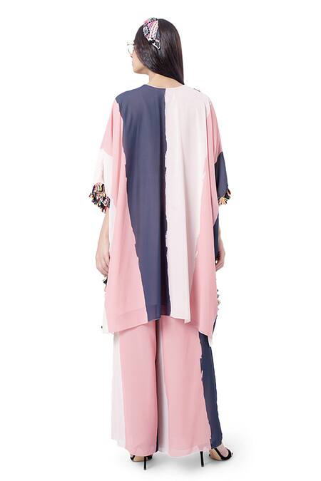 Shop_PS Pret By Payal Singhal_Coral Art Georgette Stripes V Neck Sadaf Printed Kaftan And Palazzo Set _at_Aza_Fashions