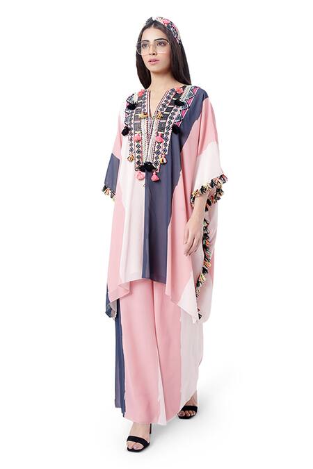 PS Pret By Payal Singhal_Coral Art Georgette Stripes V Neck Sadaf Printed Kaftan And Palazzo Set _Online_at_Aza_Fashions