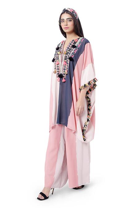 Buy_PS Pret By Payal Singhal_Coral Art Georgette Stripes V Neck Sadaf Printed Kaftan And Palazzo Set _Online_at_Aza_Fashions