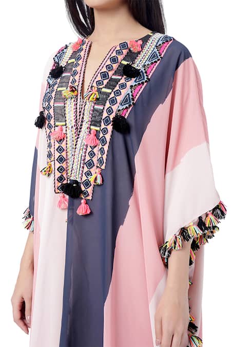 Shop_PS Pret By Payal Singhal_Coral Art Georgette Stripes V Neck Sadaf Printed Kaftan And Palazzo Set _Online_at_Aza_Fashions