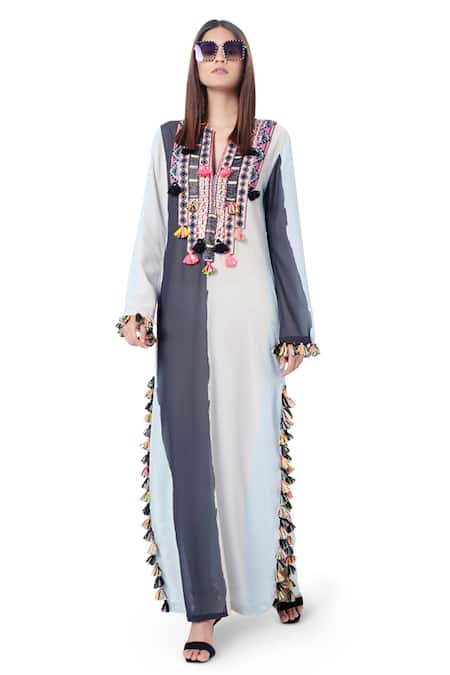 PS Pret By Payal Singhal Blue Art Georgette Stripes Notched Shaz Embroidered Kaftan 