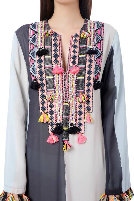 Buy_PS Pret By Payal Singhal_Blue Art Georgette Stripes Notched Shaz Embroidered Kaftan _Online_at_Aza_Fashions