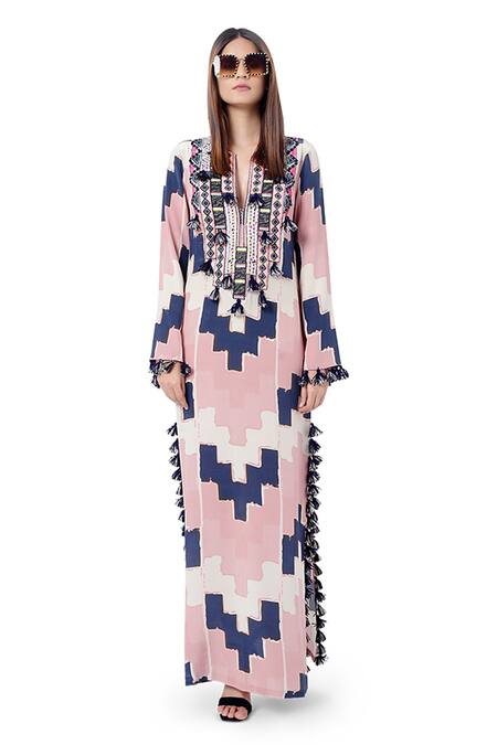 Payal Singhal_Grey Crepe Mosaic Prints Notched Iqra Kaftan _Online_at_Aza_Fashions