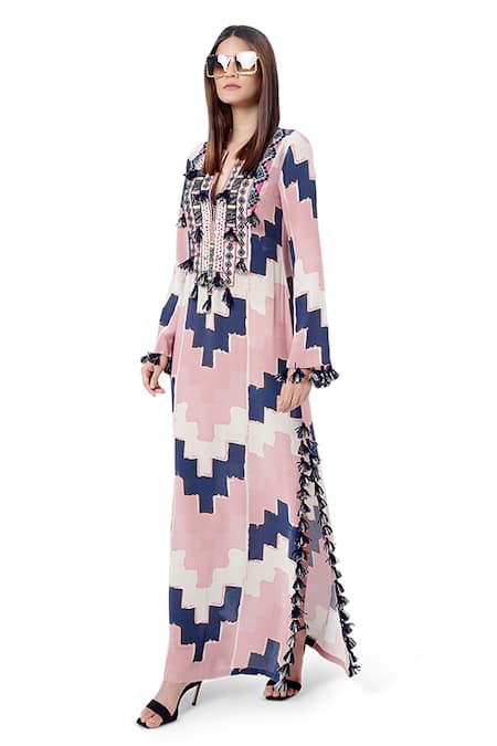 Buy_Payal Singhal_Grey Crepe Mosaic Prints Notched Iqra Kaftan _Online_at_Aza_Fashions