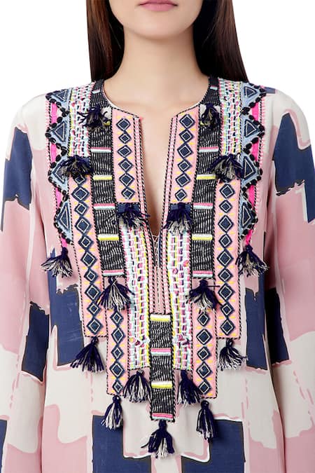 Shop_Payal Singhal_Grey Crepe Mosaic Prints Notched Iqra Kaftan _Online_at_Aza_Fashions