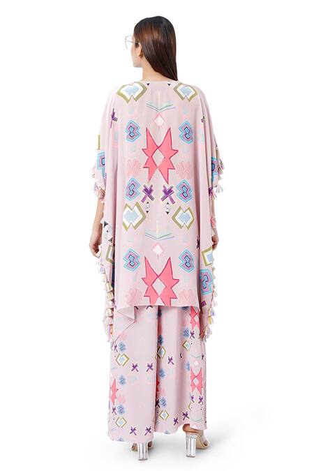 Shop_Payal Singhal_Pink Crepe Printed Ikat Star Motif V Neck Basri Kaftan And Palazzo Set _at_Aza_Fashions