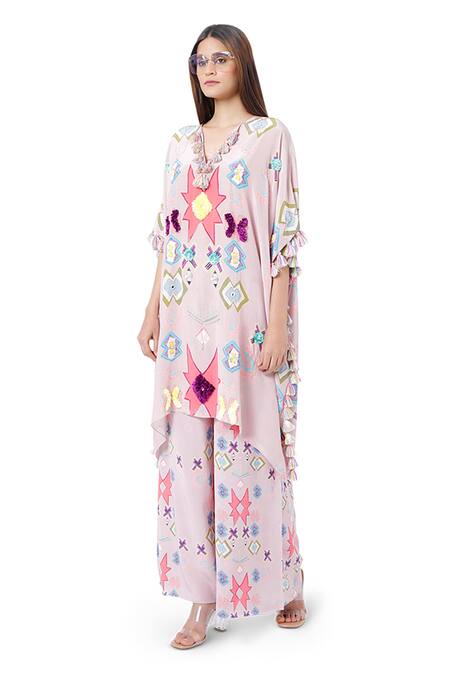 Payal Singhal_Pink Crepe Printed Ikat Star Motif V Neck Basri Kaftan And Palazzo Set _Online_at_Aza_Fashions