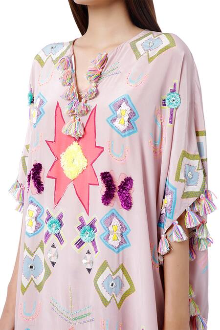 Buy_Payal Singhal_Pink Crepe Printed Ikat Star Motif V Neck Basri Kaftan And Palazzo Set _Online_at_Aza_Fashions