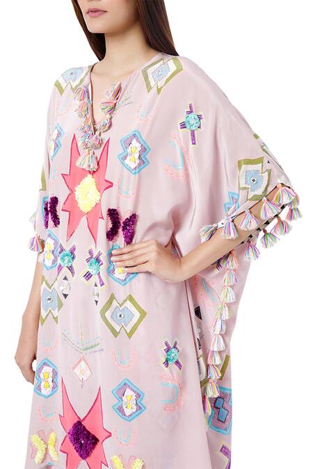 Shop_Payal Singhal_Pink Crepe Printed Ikat Star Motif V Neck Basri Kaftan And Palazzo Set _Online_at_Aza_Fashions