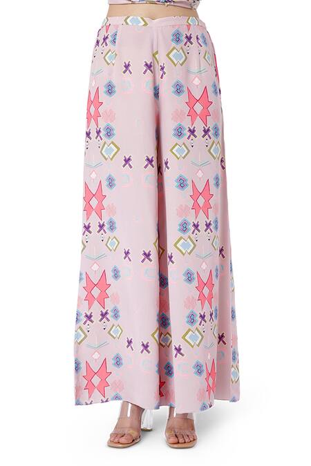 Payal Singhal_Pink Crepe Printed Ikat Star Motif V Neck Basri Kaftan And Palazzo Set _at_Aza_Fashions