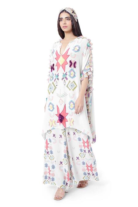 Payal Singhal_White Crepe Printed Ikat Star Motif V Neck Seher Kaftan And Palazzo Set _Online_at_Aza_Fashions