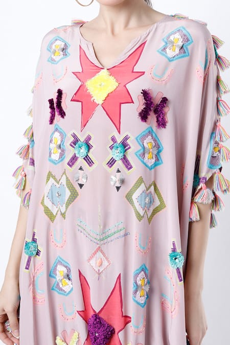 Payal Singhal Pink Crepe Printed Ikat Star Pattern Notched Kaftan And Palazzo Set Online at Aza Fashions Payal Singhal_Pink Crepe Printed Ikat Star Pattern Notched Kaftan And Palazzo Set _Online_at_Aza_Fashions