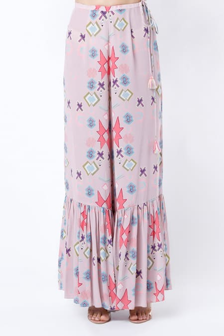 Buy Payal Singhal Pink Crepe Printed Ikat Star Pattern Notched Kaftan And Palazzo Set Online at Aza Fashions Buy_Payal Singhal_Pink Crepe Printed Ikat Star Pattern Notched Kaftan And Palazzo Set _Online_at_Aza_Fashions