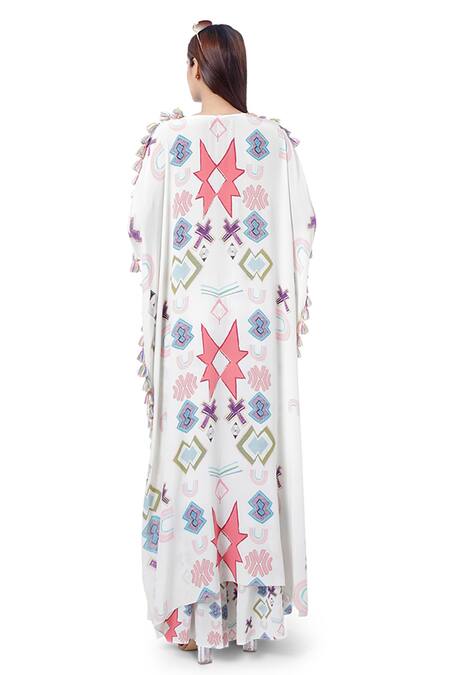Shop_Payal Singhal_White Crepe Ikat Star Motif V Neck Aria Printed Kaftan And Palazzo Set _at_Aza_Fashions