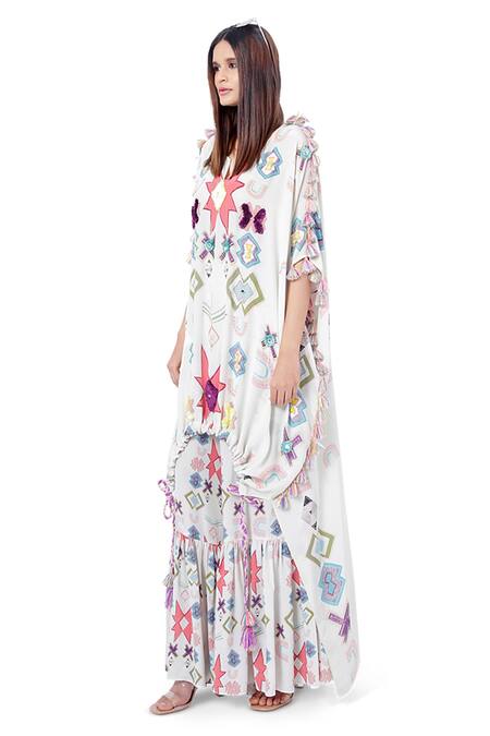 Payal Singhal_White Crepe Ikat Star Motif V Neck Aria Printed Kaftan And Palazzo Set _Online_at_Aza_Fashions