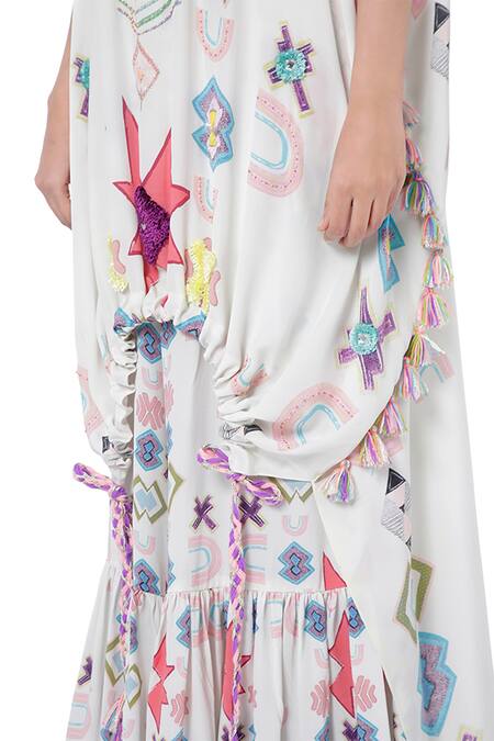 Shop_Payal Singhal_White Crepe Ikat Star Motif V Neck Aria Printed Kaftan And Palazzo Set _Online_at_Aza_Fashions
