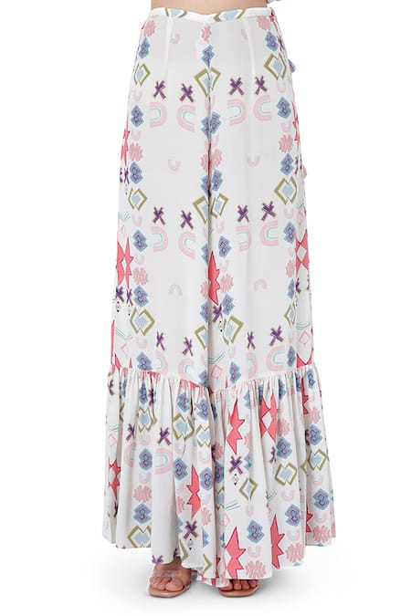 Payal Singhal_White Crepe Ikat Star Motif V Neck Aria Printed Kaftan And Palazzo Set _at_Aza_Fashions