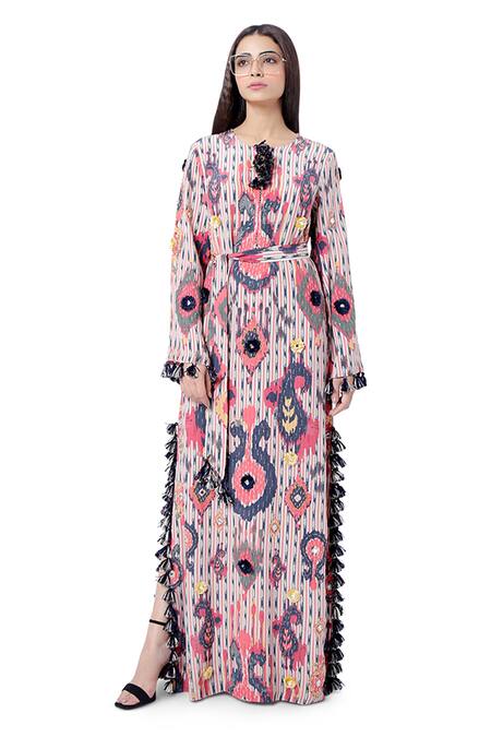 Payal Singhal_Red Crepe Ikat Tribe Motifs Round Marya Print Kaftan _Online_at_Aza_Fashions