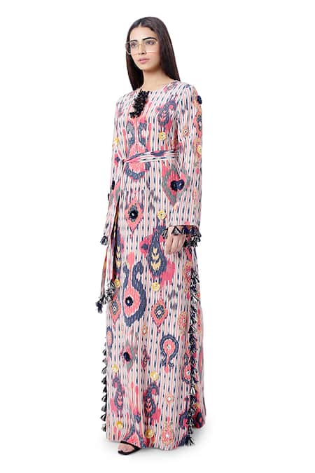 Buy_Payal Singhal_Red Crepe Ikat Tribe Motifs Round Marya Print Kaftan _Online_at_Aza_Fashions