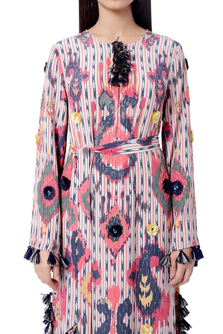 Shop_Payal Singhal_Red Crepe Ikat Tribe Motifs Round Marya Print Kaftan _Online_at_Aza_Fashions