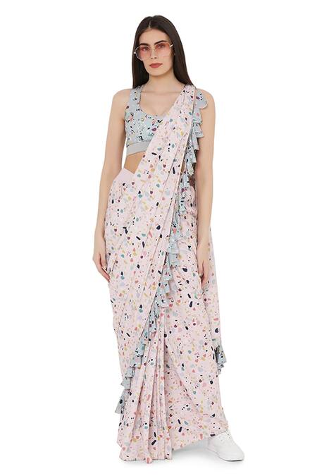 PS Pret By Payal Singhal Pink Art Crepe Printed Marble Scoop Neck Pre-stitched Saree With Blouse Online at Aza Fashions PS Pret By Payal Singhal_Pink Art Crepe Printed Marble Scoop Neck Pre-stitched Saree With Blouse_Online_at_Aza_Fashions