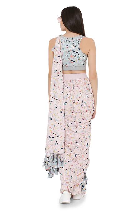 Shop PS Pret By Payal Singhal Pink Art Crepe Printed Marble Scoop Neck Pre-stitched Saree With Blouse at Aza Fashions Shop_PS Pret By Payal Singhal_Pink Art Crepe Printed Marble Scoop Neck Pre-stitched Saree With Blouse_at_Aza_Fashions