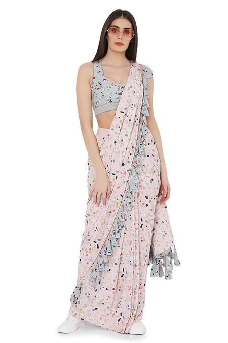 Shop PS Pret By Payal Singhal Pink Art Crepe Printed Marble Scoop Neck Pre-stitched Saree With Blouse Online at Aza Fashions Shop_PS Pret By Payal Singhal_Pink Art Crepe Printed Marble Scoop Neck Pre-stitched Saree With Blouse_Online_at_Aza_Fashions