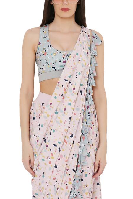 PS Pret By Payal Singhal Pink Art Crepe Printed Marble Scoop Neck Pre-stitched Saree With Blouse at Aza Fashions PS Pret By Payal Singhal_Pink Art Crepe Printed Marble Scoop Neck Pre-stitched Saree With Blouse_at_Aza_Fashions