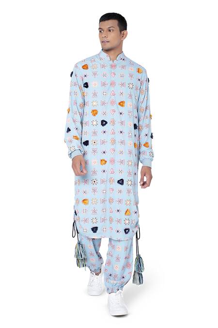 PS Men By Payal Singhal Blue Art Crepe Warli Aztec Print Kurta Set Online at Aza Fashions PS Men By Payal Singhal_Blue Art Crepe Warli Aztec Print Kurta Set_Online_at_Aza_Fashions