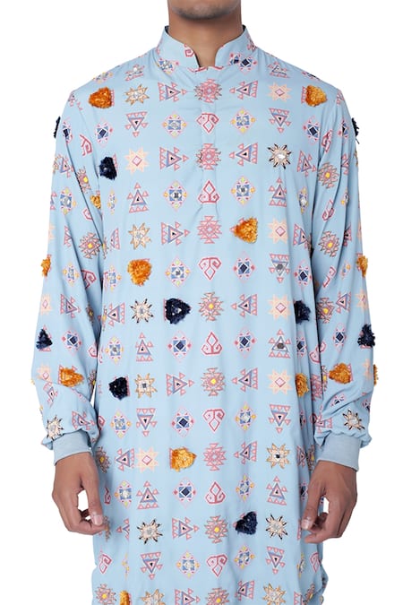 Buy PS Men By Payal Singhal Blue Art Crepe Warli Aztec Print Kurta Set Online at Aza Fashions Buy_PS Men By Payal Singhal_Blue Art Crepe Warli Aztec Print Kurta Set_Online_at_Aza_Fashions