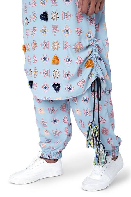 Shop PS Men By Payal Singhal Blue Art Crepe Warli Aztec Print Kurta Set Online at Aza Fashions Shop_PS Men By Payal Singhal_Blue Art Crepe Warli Aztec Print Kurta Set_Online_at_Aza_Fashions