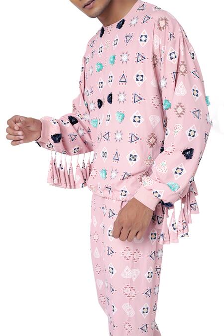PS Men By Payal Singhal_Pink Denim, Art Crepe Warli Aztec Print Sweartshirt And Joggers Set_Online_at_Aza_Fashions
