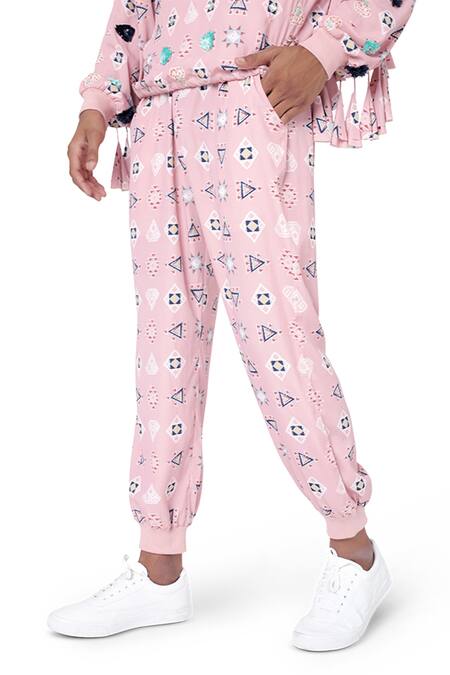 Shop_PS Men By Payal Singhal_Pink Denim, Art Crepe Warli Aztec Print Sweartshirt And Joggers Set_Online_at_Aza_Fashions