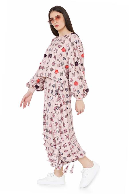 PS Pret By Payal Singhal_Pink Art Crepe Wari Aztec Prints Boat Top And Balloon Skirt Set_Online_at_Aza_Fashions