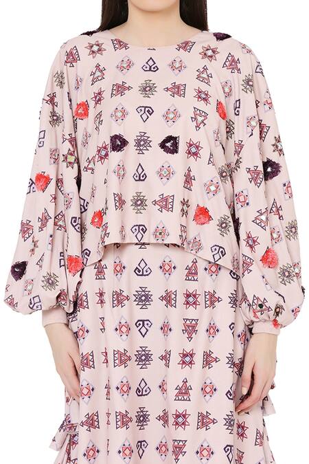 Buy_PS Pret By Payal Singhal_Pink Art Crepe Wari Aztec Prints Boat Top And Balloon Skirt Set_Online_at_Aza_Fashions