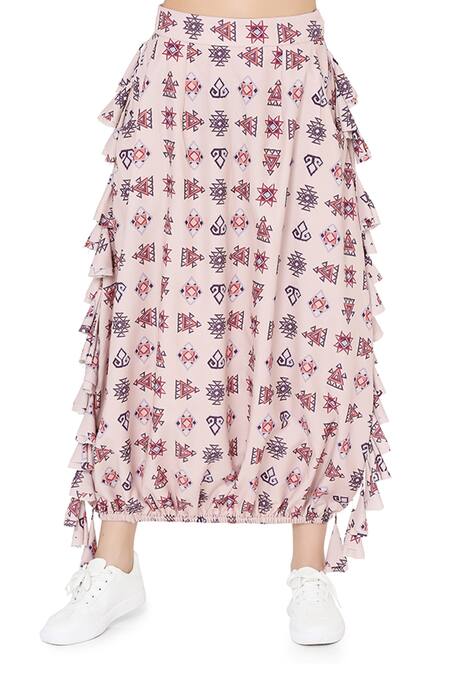 Shop_PS Pret By Payal Singhal_Pink Art Crepe Wari Aztec Prints Boat Top And Balloon Skirt Set_Online_at_Aza_Fashions