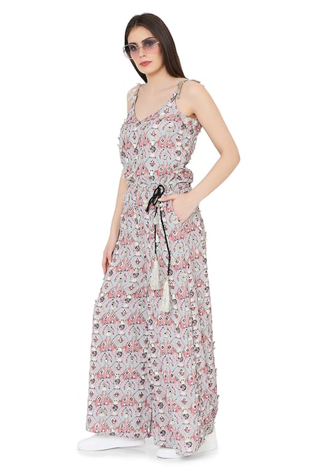 Payal Singhal_Grey Art Crepe Printed Geometric Butterfly Scoop Neck Jumpsuit_Online_at_Aza_Fashions