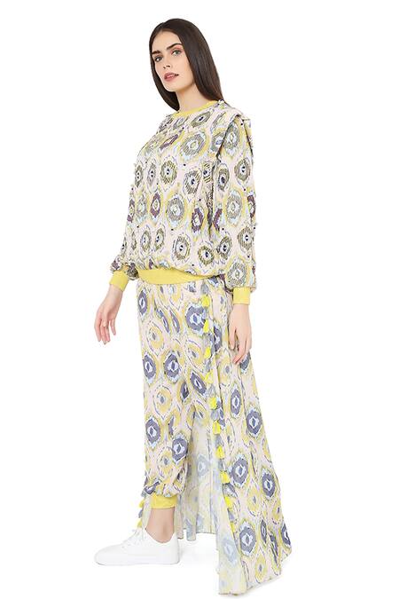 Payal Singhal_Yellow Art Silk Printed Ikat Eye Round Top And Draped Pant Set_Online_at_Aza_Fashions
